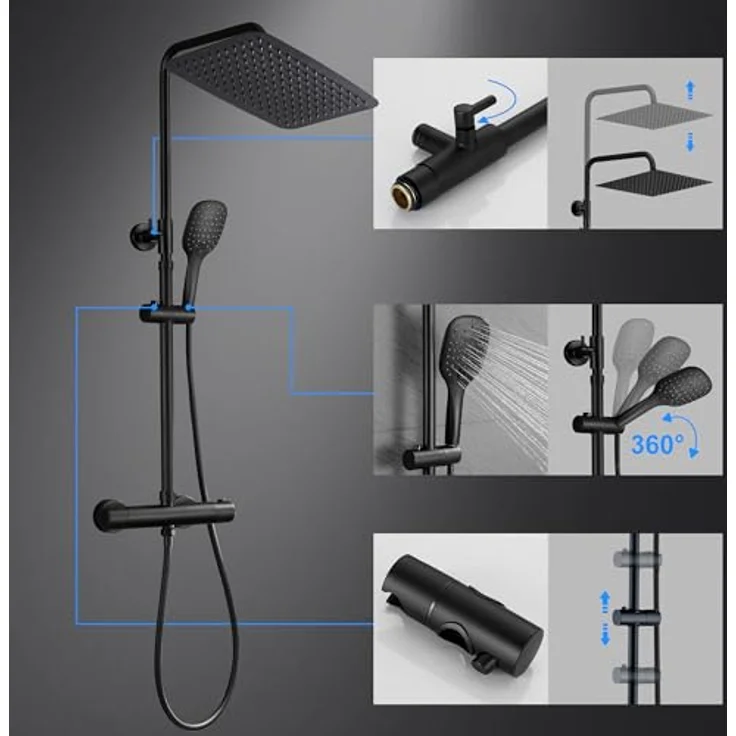 JOHO Edelstahl Duschsystem, Regendusche Duschset mit 35x25 cm Kopfbrause, Handbrause mit 3 Strahlarten, wassersparend, Thermostat mit Sicherheitskontrolle, schwarz – Bild 5