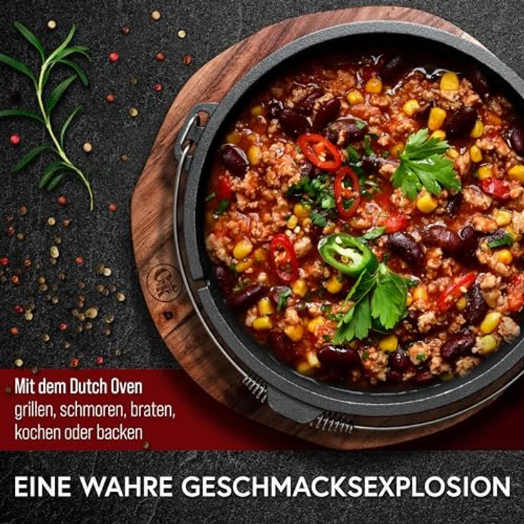 Gusskönig Dutch Oven Set 8-teilig - eingebranntes Gusseisen Topf Set mit Echtleder Griffschutz - inkl. Dutch Oven Rezeptbuch – Bild 5