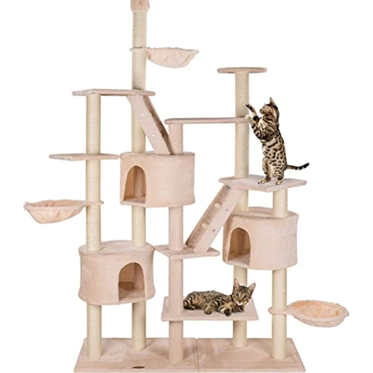 HAPPYPET Großer Kratzbaum deckenhoch XXL 240-260 cm höhenverstellbar - Großer katzenbaum, XXL Kletterbaum für mehrere Katzen, stabile Säulen, Liegemulden, Häuser, mit Zubehör, Beige – Bild 1