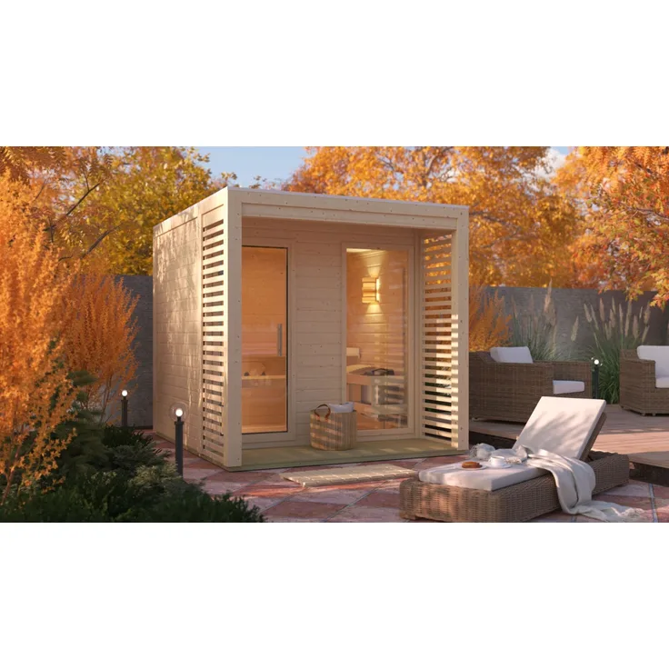 Karibu Saunahaus Angkor 2, Außensauna aus unbehandeltem 38mm Massivholz, 237x276x232 cm, mit Ganzglastür und Sichtschutz-Lamellen