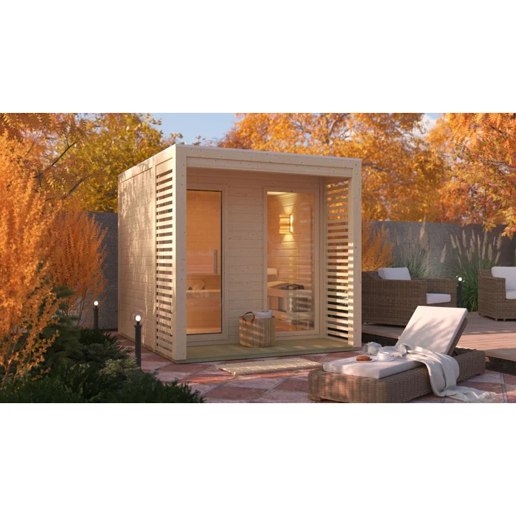 Karibu Saunahaus Angkor 2, Außensauna aus unbehandeltem 38mm Massivholz, 237x276x232 cm, mit Ganzglastür und Sichtschutz-Lamellen