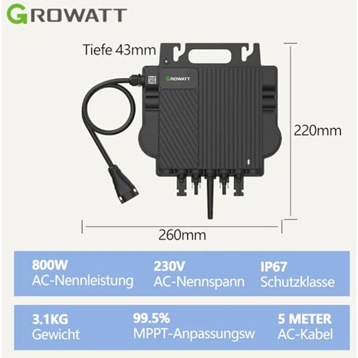 Growatt Noah 2000, Balkonkraftwerk 1800W mit Neo 800W Microinverter, 5m AC Kabel, App-Steuerung, Plug-And-Play – Bild 8