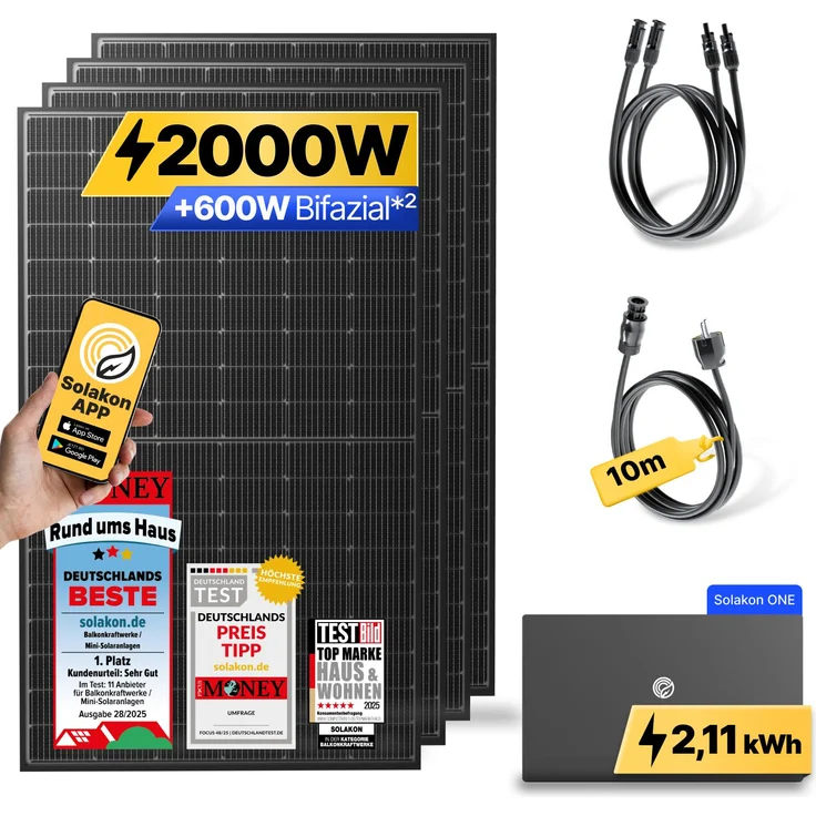 Solakon ONE 2000W Balkonkraftwerk mit Speicher (2,11 kWh) - Steckerfertiges WIFI Komplettset, 800W Photovoltaik Anlage, 10m Kabellänge, bifaziale N-Typ-Solarzellen