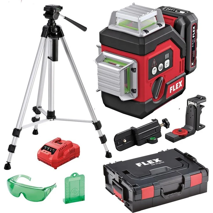 Flex Kreuzlinienlaser ALC 3/360-G/R 12 Set, Selbstnivellierung, grüne und rote Linien, max. Reichweite 120 m, IP54, inkl. Stativ