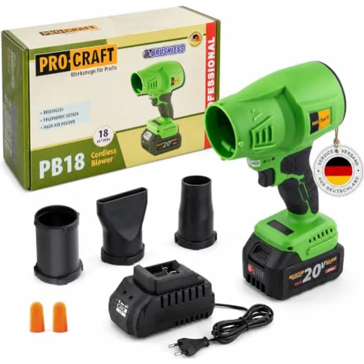 PRO CRAFT Procraft PB18 Akku-Laubbläser, 20 V, 3,0 Ah Akku, max. Luftgeschwindigkeit 164 km/h, 372 m³/h Luftdurchsatz