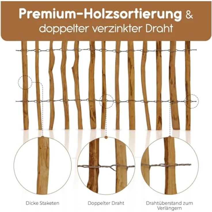 BooGardi Staketenzaun Holz, 50cm hoch aus Haselnuss, 50cm x 5m, Lattenabstand 7-9cm, imprägnierter Holzzaun für Garten und Teich – Bild 4