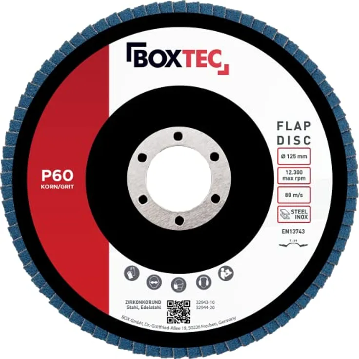 BOXTEC Profi-Fächerscheiben BLAU 125mm INOX, Lamellenscheiben für Winkelschleifer, P60, 10er Pack