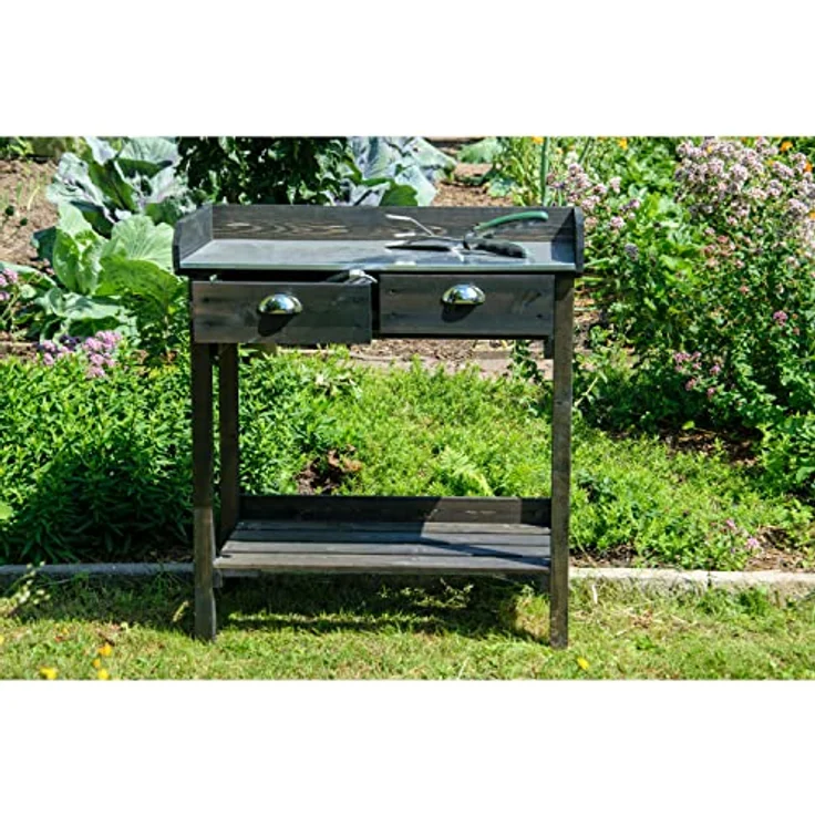dobar 29031e Praktischer Pflanztisch mit 2 Schubladen und Ablagefläche, 79 x 39 x 90 cm, Fichte, Schwarz – Bild 7
