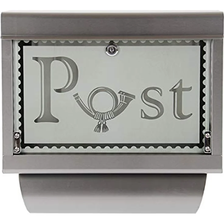 HELO 'M1' Edelstahl Briefkasten mit Zeitungsfach, großem Einwurf und Glasfront aus satiniertem Sicherheitsglas, Postkasten abschließbar inkl. 2 Schlüsseln - Motiv: Posthorn – Bild 2