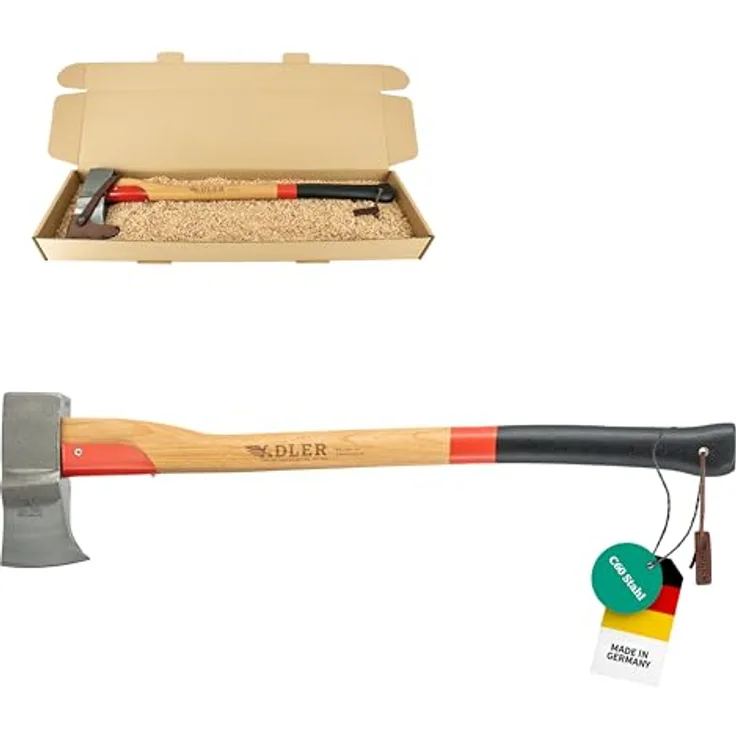 Adler Super Spalter Axt inkl. Lederschutz: Robuste Holzaxt zum Holz spalten, C60-Stahlkopf, 80 cm Hickory-Stiel, Rot/schwarz, 2,8 kg
