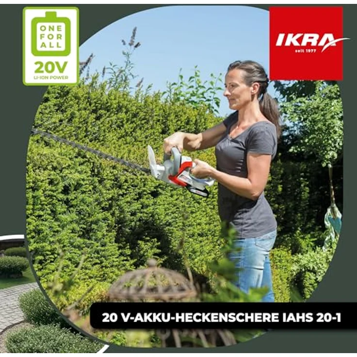 IKRA Akku Heckenschere IAHS 20-1, 20V, 54 cm Schnittlänge, 18 mm Schnittstärke, inkl. 2 Akkus (2,0 & 2,5 Ah) & Schnelllader, kabellos mit Schnellstop und Antivibrationssystem – Bild 2