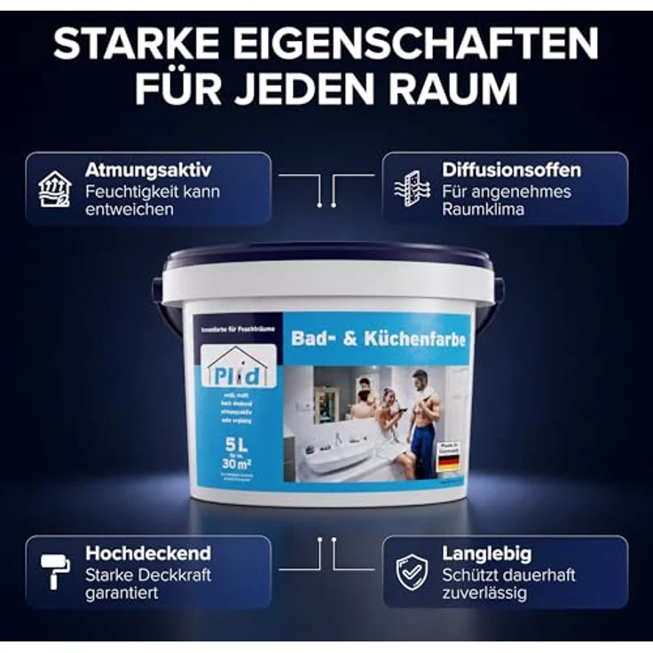 Plid Bad- & Küchenfarbe Weiß, 5L Set, hochdeckende Feuchtraumfarbe für Innen, schimmelresistent – Bild 3