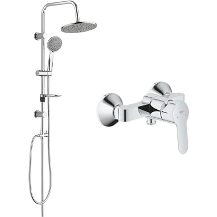 Belvit GROHE BauEdge Einhand Duschset, SmoothControl Keramikkartusche 46 mm, Regendusche 20 x 20 cm, Handbrause mit 3 Strahlarten, Duschstange 85 cm, Rückflussverhinderer, Chrom Grau