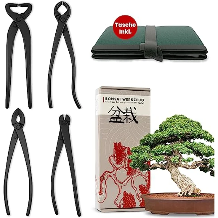 HappySeed Gartenschere Bonsai Werkzeug-Set Profi 4-teilig aus Stahl mit praktischer Tasche, grün – Bild 2