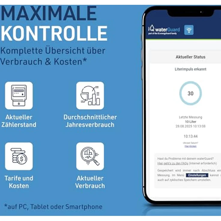 iQ waterGuard, Smarter Wassermelder mit 92dB Wasseralarm und WLAN, Wasserverbrauchs-Zähler für Smartphone, Überwachung bei Wasserschaden – Bild 4