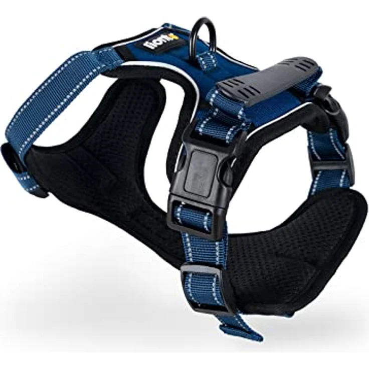 lionto Hundegeschirr M, gepolstert aus weichem Nylon, reflektierendes Anti-Zug Geschirr mit 2 Ringen, 4 Einstellgurten, 2 Klickverschlüssen & gummiertem Griff, blau – Bild 1