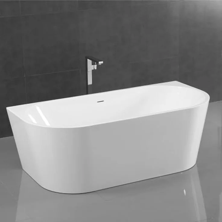 Aloni Halb-Freistehende Badewanne 170x80x60 Mittig Rundeck Acryl Weiß, Zentraler Ablauf DN50 – Bild 2