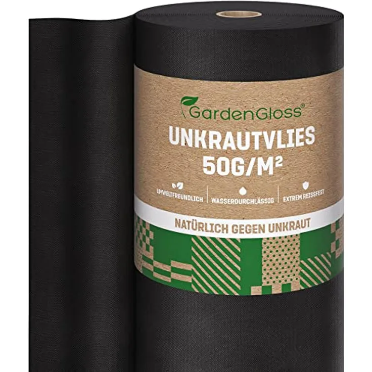GardenGloss® Unkrautvlies 50m² – Wasserdurchlässige, reißfeste Unkrautfolie mit hoher UV-Stabilisierung, 50g/m² (50m x 1m, 1 Rolle)