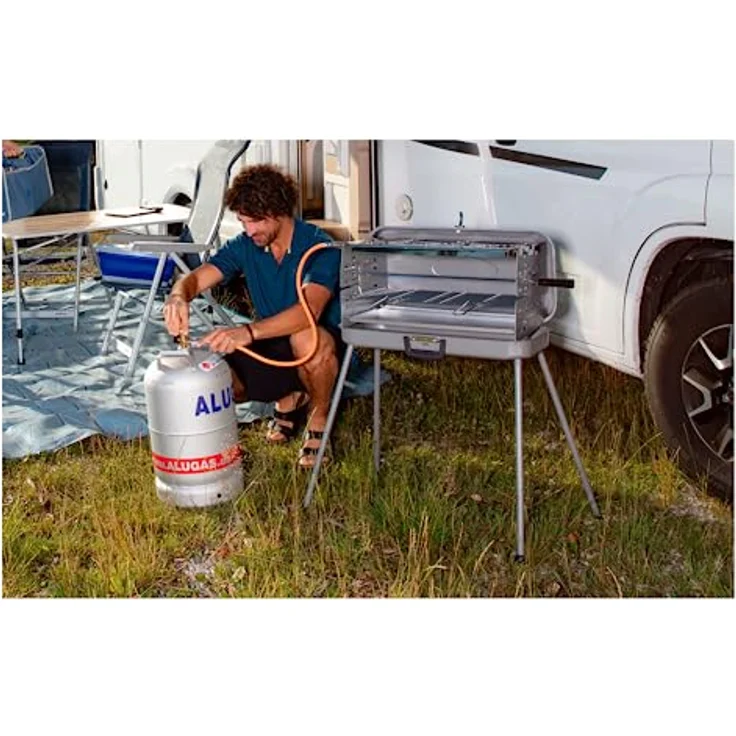 BERGER Camping Gasgrill Klappbar | Tragbarer Koffergrill mit 3 Brenner | 50 mbar für schnelles Kochen | 3 Kochstellen & ein Grillspieß inklusive | Für das ultimative Grillvergnügen – Bild 3