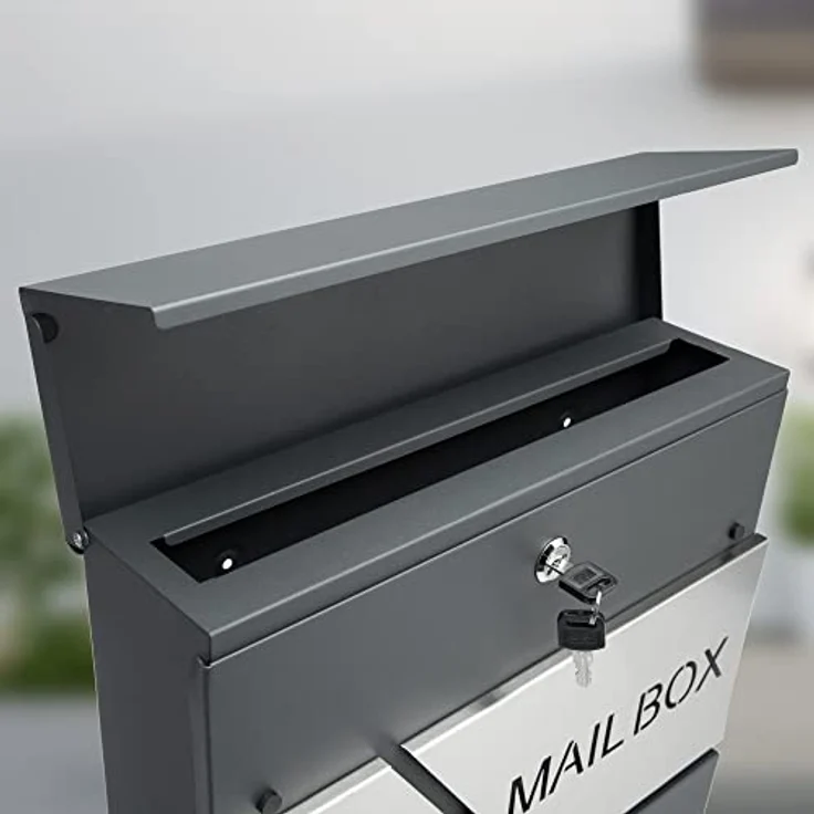 monzana Design Briefkasten Stahl anthrazit mit Zeitungsfach 2 Schlüssel Namensschild Wandbriefkasten – Bild 5