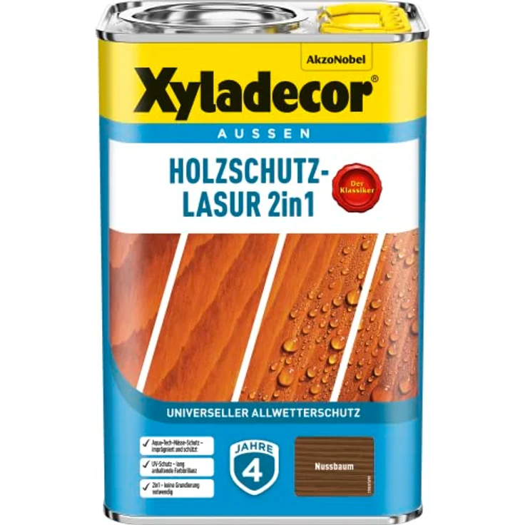 Xyladecor Holzschutz-Lasur 4 L nussbaum 2in1, wetterfester Holzschutz mit UV- und Nässe-Schutz – Bild 1