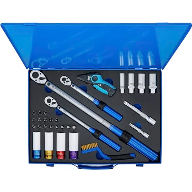 BGS Drehmomentschlüssel-Satz 31-tlg. | Abtrieb Außenvierkant 6,3 mm (1/4"), 10 mm (3/8"), 12,5 mm (1/2") | leichtes Einstellen des Drehmomentwerts | farblich codierte Kraft-Schoneinsätze | inkl. Zündkerzen-Einsätzen und Digitaler Reifendruckprüfer – Bild 5