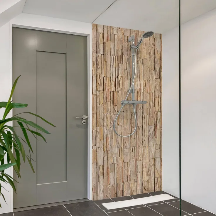 Apalis Home Duschrückwand selbstklebend, 0.35 mm Wandpaneel in Naturstein beige, wasserfest, fugenlos, Smart matt, 90x210 cm