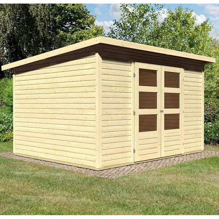 Karibu Gartenhaus Stockach 5, BxT: 330x282 cm, nordische Fichte, Pultdach, kesseldruckimprägniert, Lichtausschnitte aus Kunstglas