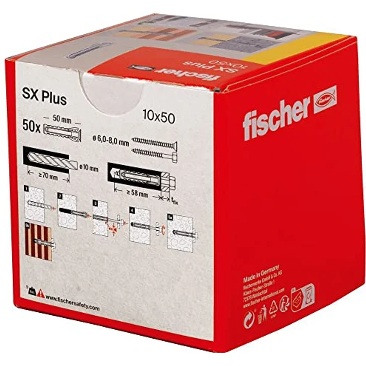 fischer Spreizdübel SX Plus 10 x 50, Schachtel mit 50 Nylondübeln, Dübel für optimalen Halt bei Befestigungen in Beton, Vollziegel, Porenbeton, Hochlochziegel uvm. – Bild 3