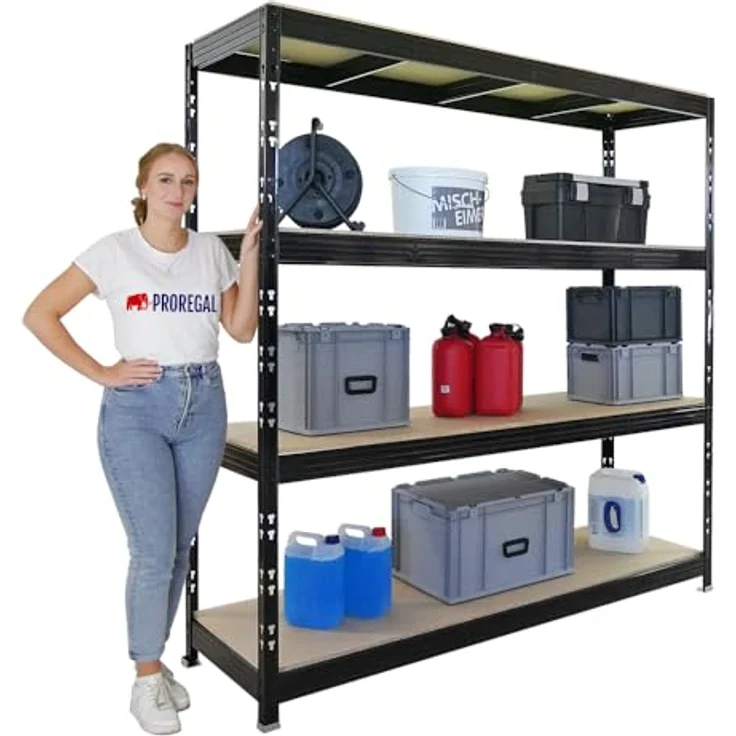 PROREGAL Rhino EXTRA BREIT, Schwerlastregal schwarz mit 500 kg Fachlast, HxBxT 200x200x60cm, 4 höhenverstellbare 16mm Spanplatten-Ebenen, robustes Garagen- und Lagerregal – Bild 3