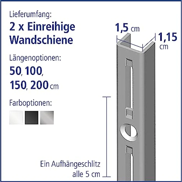 Element System Wandschiene 1-reihig, 2 Stück, 4 Abmessungen, 3 farben, Länge 150 cm für Regalsystem, Regalträger, Wandregal, weißaluminium, 10000-00034 – Bild 3