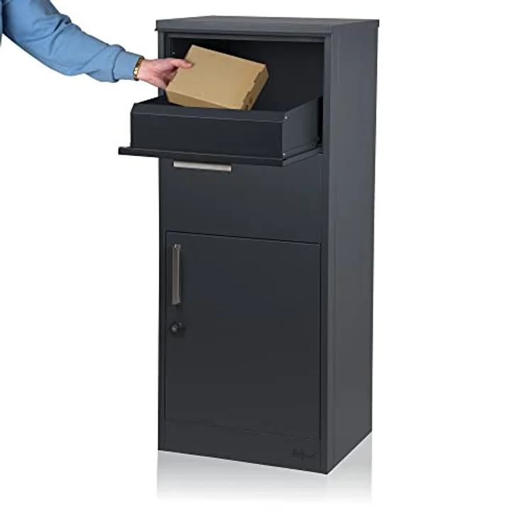 Zelsius Briefkasten mit Paketfach Jupiter | pulverbeschichteter Stahl mit Edelstahl Elementen | RAL7016 Anthrazit | integrierte Rückholsperre | Bodenmontage | Paketbriefkasten, Paketbox, Parcel Box – Bild 2