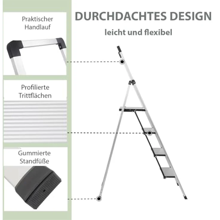 TRUTZHOLM Alu Trittleiter 4-stufig klappbar, bis 150 kg Traglast, TÜV/GS, Anti-Rutsch Trittflächen, silber, 5,6 kg leicht, platzsparend – Bild 4