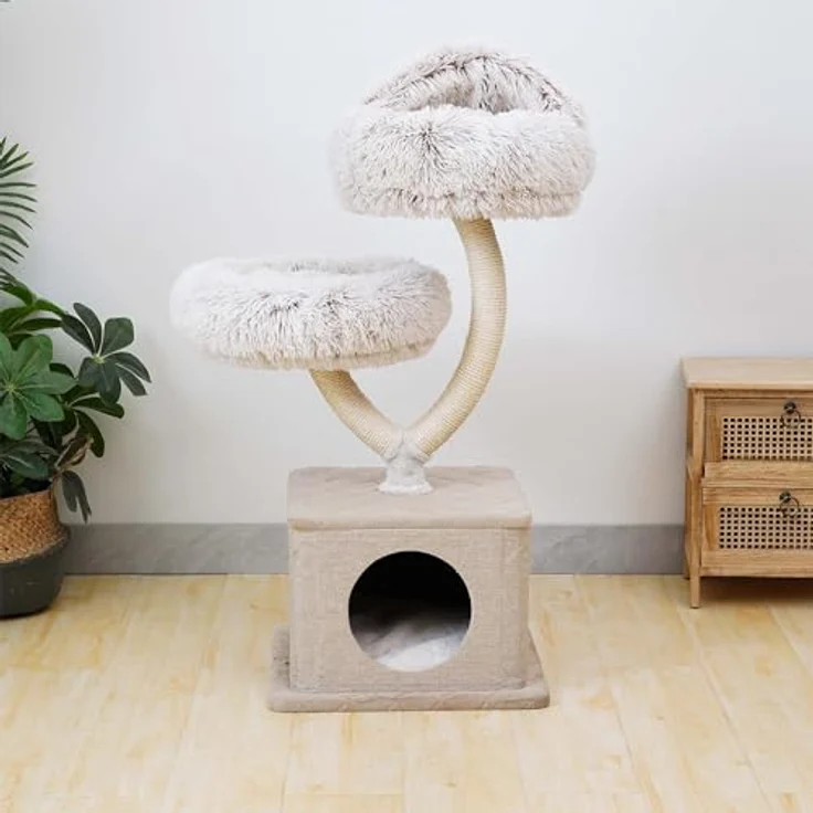 Fudajo Kratzbaum Zweigdesign mit Katzenhaus 95 cm, Designer Katzenkratzbaum mit Plüsch und Sisal, Katzenbaum mit Katzenhöhle, Kletterbaum für Katzen in Naturfarben – Bild 2