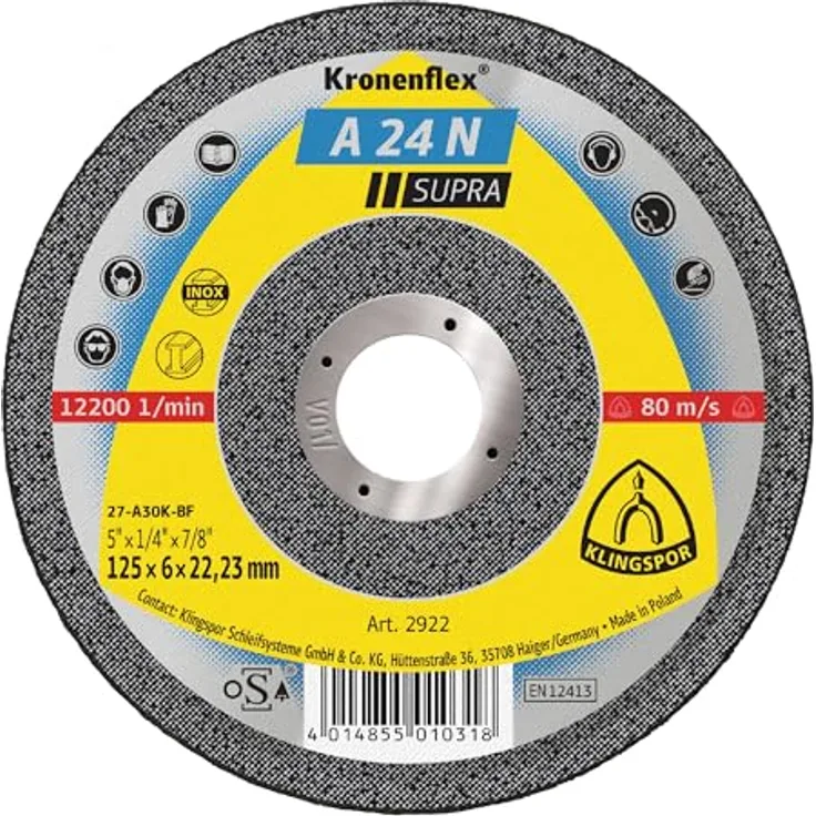 KLINGSPOR 2922 A 24 N Schruppscheiben 125 x 6 x 22, 23 mm gekröpft, Inhalt - 10
