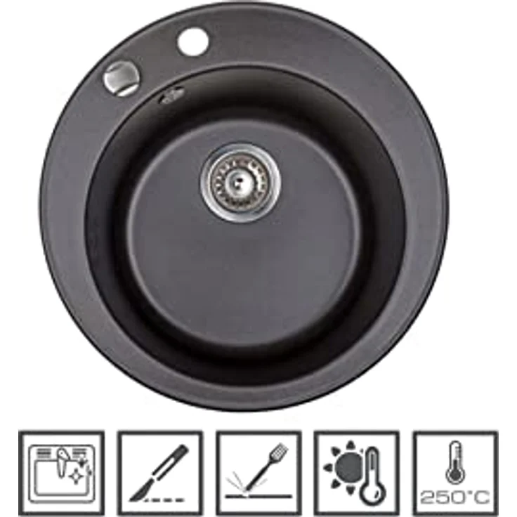 Manestein Spülbecken, Küchenspüle aus Granit, Einbauspüle, Einzelbecken mit Siphon, Fleckenbeständig und Pflegeleicht, 80% Quarzsand, 1 Becken, Rund, Ø 49, Graphit - Schwarz Gesprenkelt – Bild 4