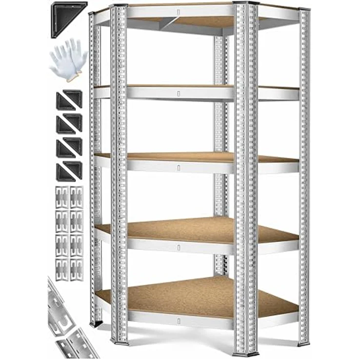 MASKO Eckregal Lagerregal Schwerlastregal, Kellerregal, 180x75x40cm , bis 875 kg, 5 verstellbare Ablagen, MDF-Platten Regal aus Metall, Steckregal, Werkstattregal, Keller, Garage Silber – Bild 2