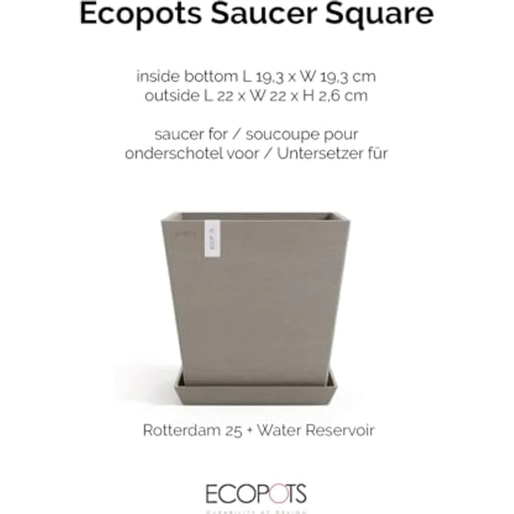 Ecopots Rotterdam Kasten-Untersetzer, 22 cm x 22 cm x 2,5 mm aus Recyclingkunststoff, braungrau, bruchsicher und frostsicher – Bild 2
