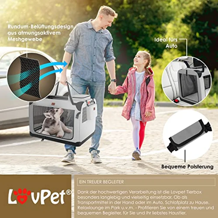 Lovpet® Hundebox Hundetransportbox faltbar Inkl.Hundenapf XL 81,3x58,4x58,4cm Transporttasche Hundetasche Transportbox für Haustiere, Hunde und Katzen Haustiertransportbox Hellgrau – Bild 5