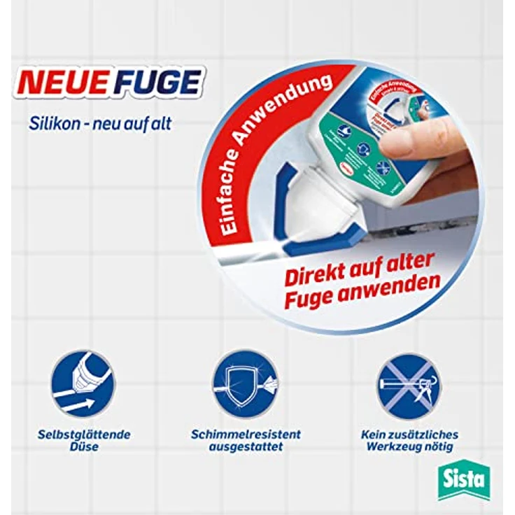 Sista NEUE FUGE, weiße Silikon Dichtmasse, in wenigen Minuten von IHH zu AHH, schimmelresistentes Sanitärsilikon für Küche und Bad, einfache Erneuerung von Fugen in nur einem Schritt, 1x80ml – Bild 3