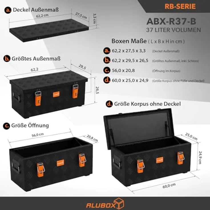 Alubox STRONG - BLACK EDITION ABX-R37 Aluminium Transportkiste, 37 Liter, 3mm Riffelblech, schwarz, korrosions- und witterungsbeständig – Bild 2