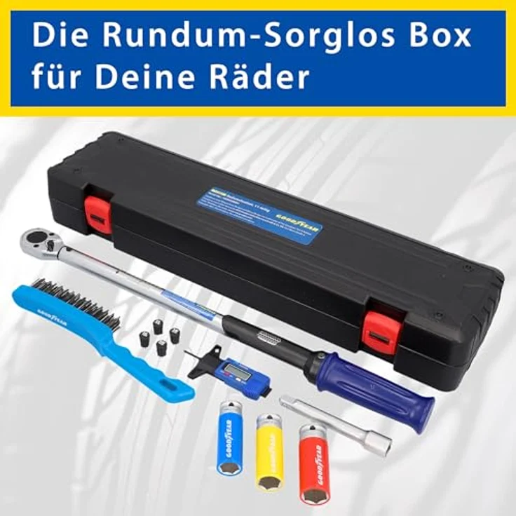 Goodyear Drehmomentschlüssel Set für Radwechsel (1/2"), 11-teilig mit farbcodierten Nüssen und stabiler Aufbewahrungsbox – Bild 3