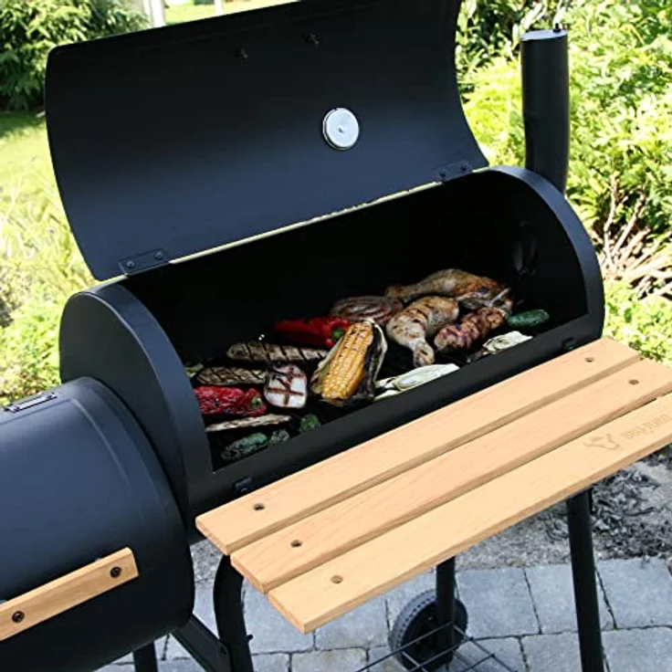BBQ-Toro Smoker BBQ Smoker Grill, Holzkohle Grillwagen, Barbecue Holzkohlegrill, mit seitlicher Feuerbox und Thermometer, schwarz – Bild 3