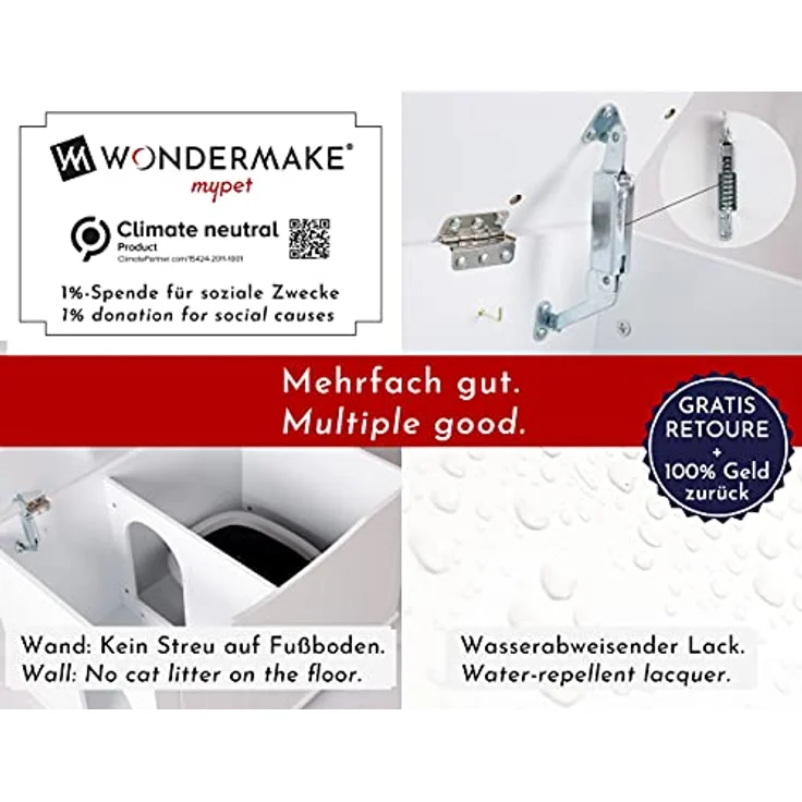 WONDERMAKE® Katzenschrank für Katzentoilette groß aus Holz, Katzenklo-Schrank Kommode XL, Design Katzen-Haus Toilette Klo Waschbecken-Unterschrank für Bad, 73,5 x 51,5 x 57 cm, weiß – Bild 3