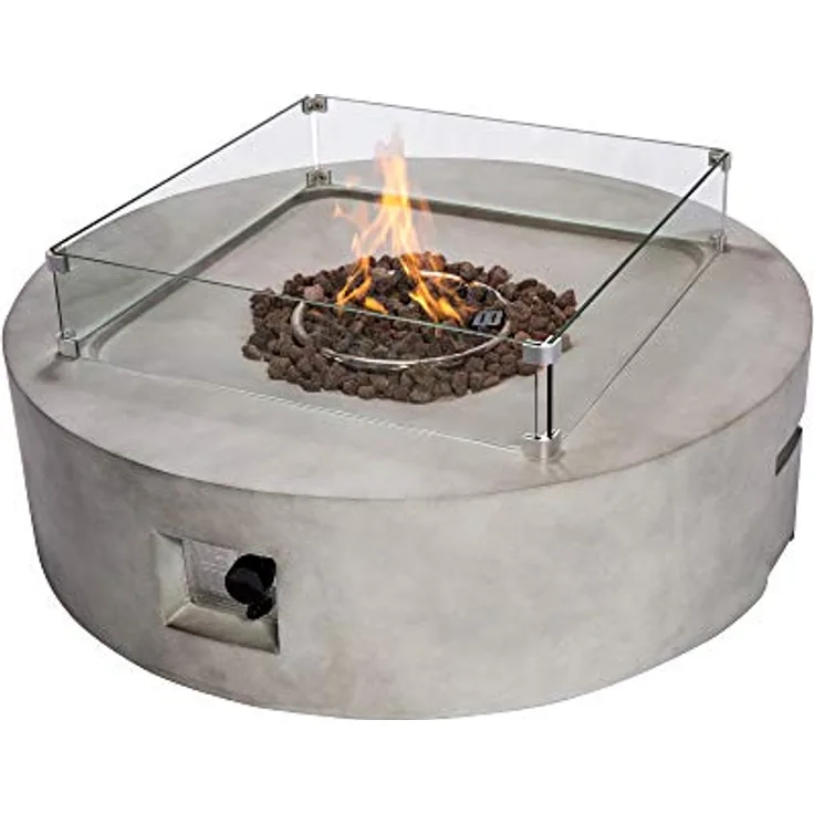 Teamson Home Draussen Garten Sehr Groß, Rund, Propangas-Feuerstelle, Tischbrenner, Rauchfreie Feuerstelle, Metall-Terrassenmöbelheizung mit Lavasteinen und Abdeckung