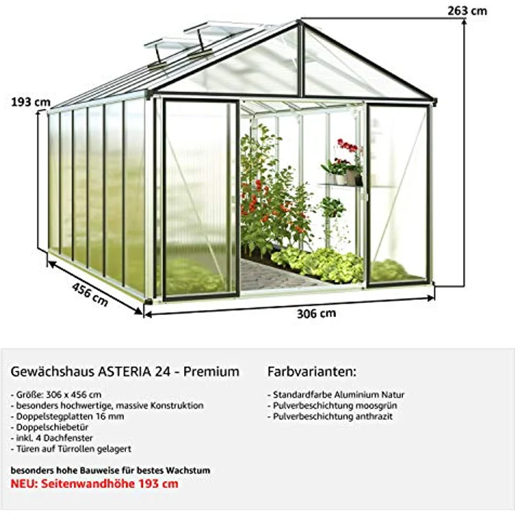GFP Gewächshaus Asteria 24 Premium 311x460 cm mit integriertem Fundament 16 mm Doppelstegplatten, Farbe Aluminium Natur - Made in Austria – Bild 3