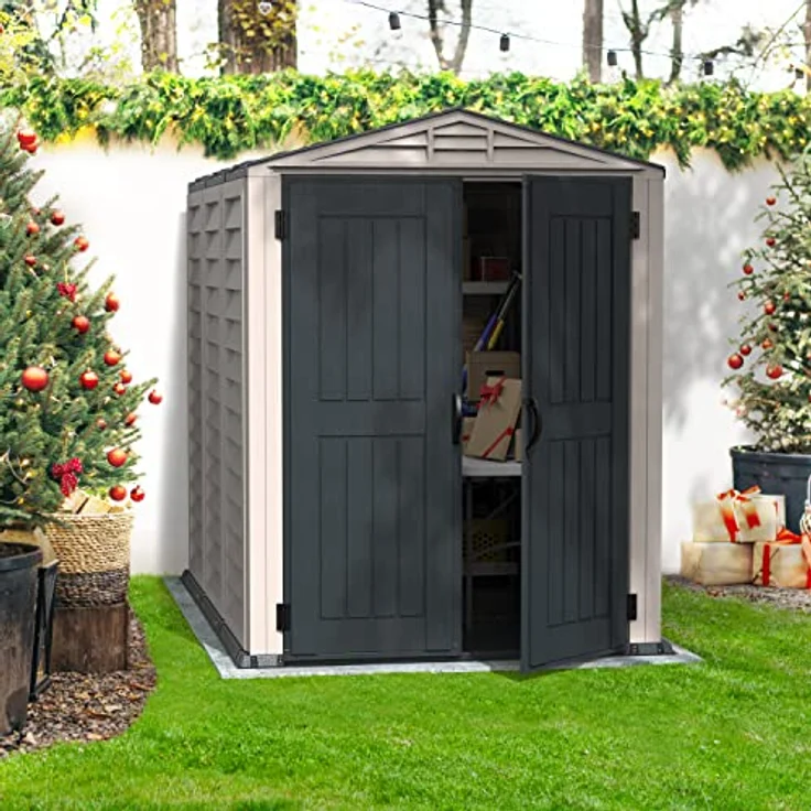 Duramax YardMate PLUS 5 x 8 (4.28 m²) Kunststoff gerätehaus mit robustem Kunststoffboden, Dachkonstruktion aus robustem Metall, feuerhemmend und wartungsfrei, Dunkelgrau und Adobe – Bild 2