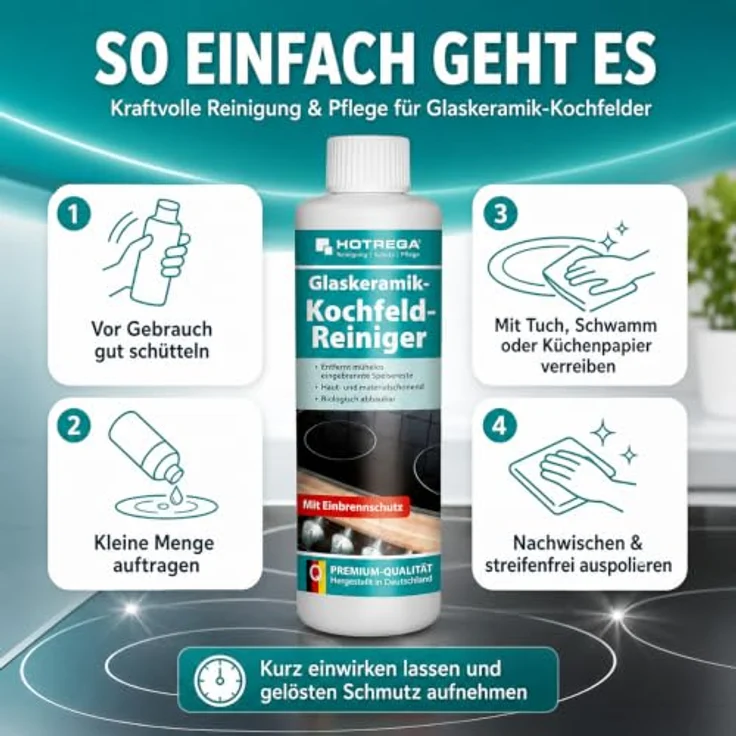 HOTREGA® Glaskeramik Kochfeld Reiniger, 250ml Spezial-Politur zur schonenden Reinigung und Pflege von Glaskeramik-Kochfeldern – Bild 4