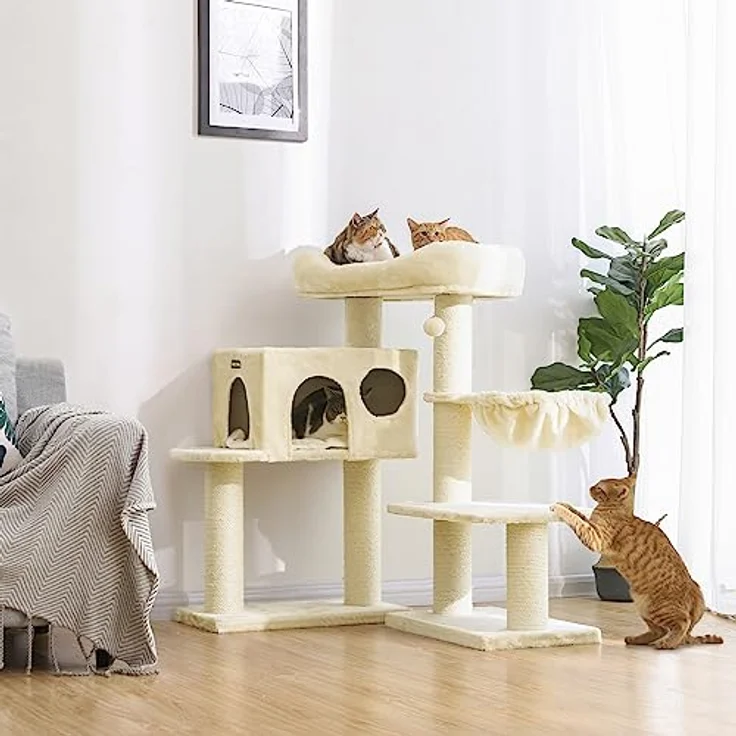 Feandrea Kratzbaum mit XXL Aussichtsplattform, Liegemulde, große Kuschelhöhle, verstellbare Elemente, extra Dicke Stämme komplett mit Sisal umwickelt, Katzenbaum, stabil, beige PCT01M – Bild 2