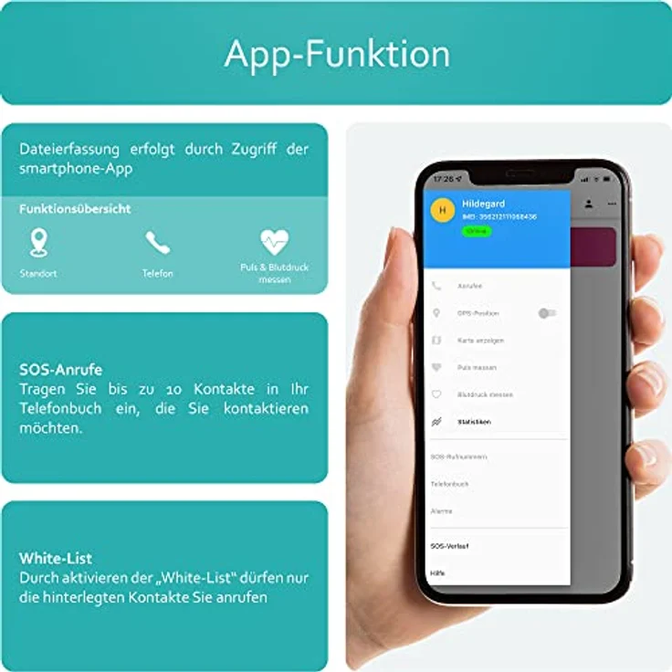 one button phone – Notrufuhr mit Ortung und Telefonfunktion, Notruf Armband für Senioren, SOS Notrufknopf, GPS Notfall Uhr, Schwarz – Bild 4